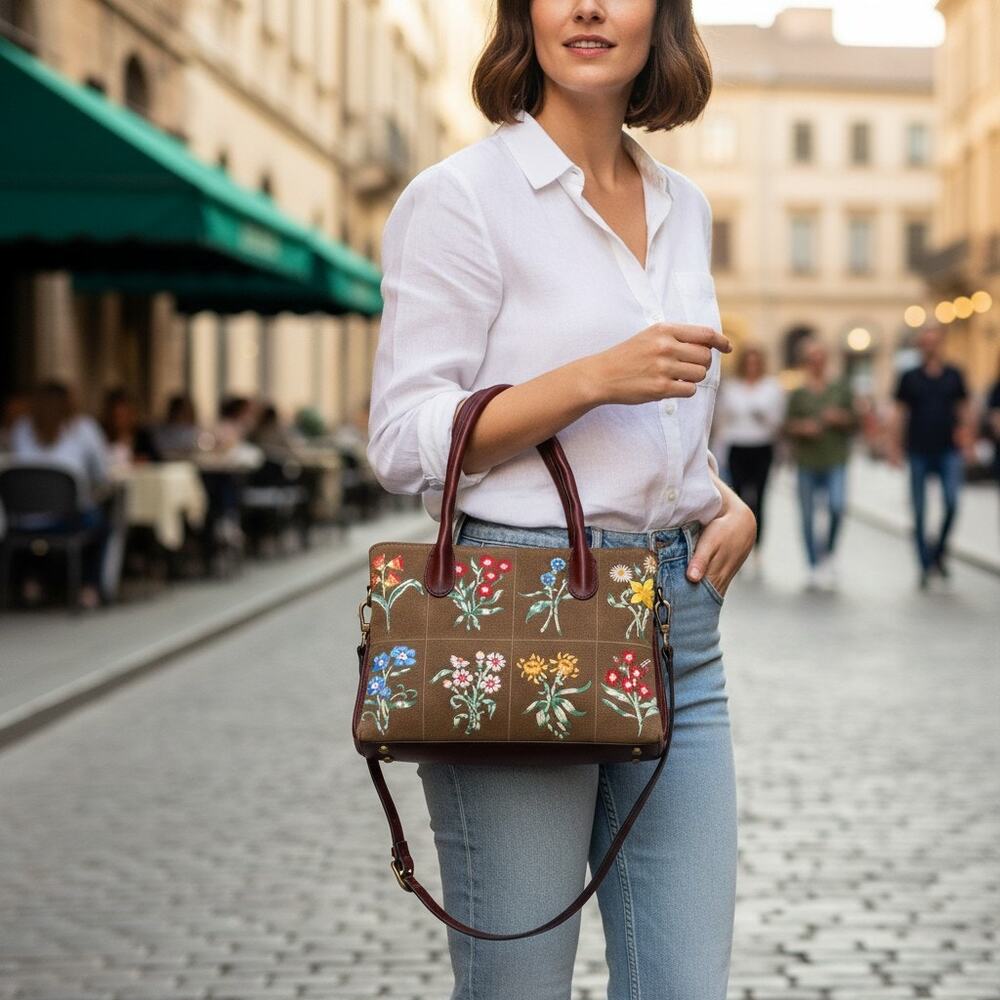 Patricia Nash Tuscan Fields Embroidered Floral Genovese Satchel – Khaki, NWT - Picture 4 of 15